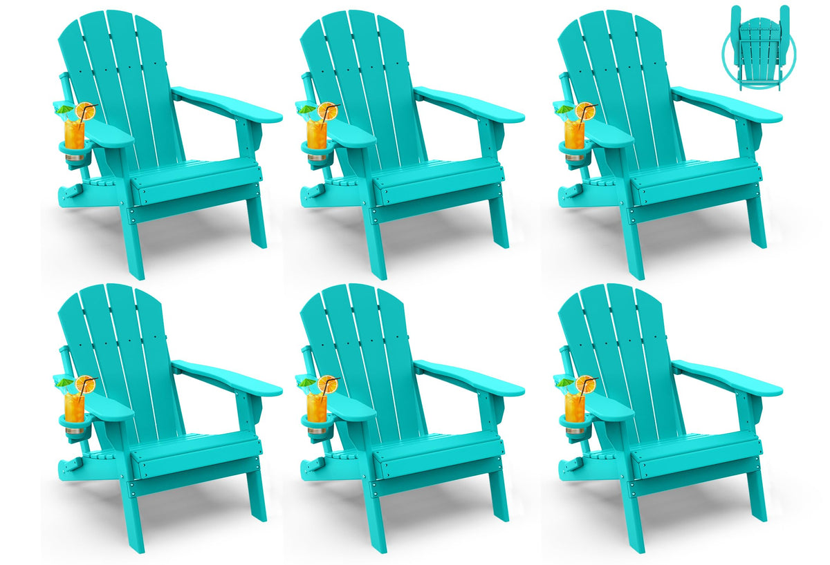 Greenvines Folding-Adirondack-Chairs-Set-Of-6 | Hdpe Plastic | Fire Pit Chair | All Weather | Cup Holder | Aqua | For Deck Backyard Patio Outdoor Garden