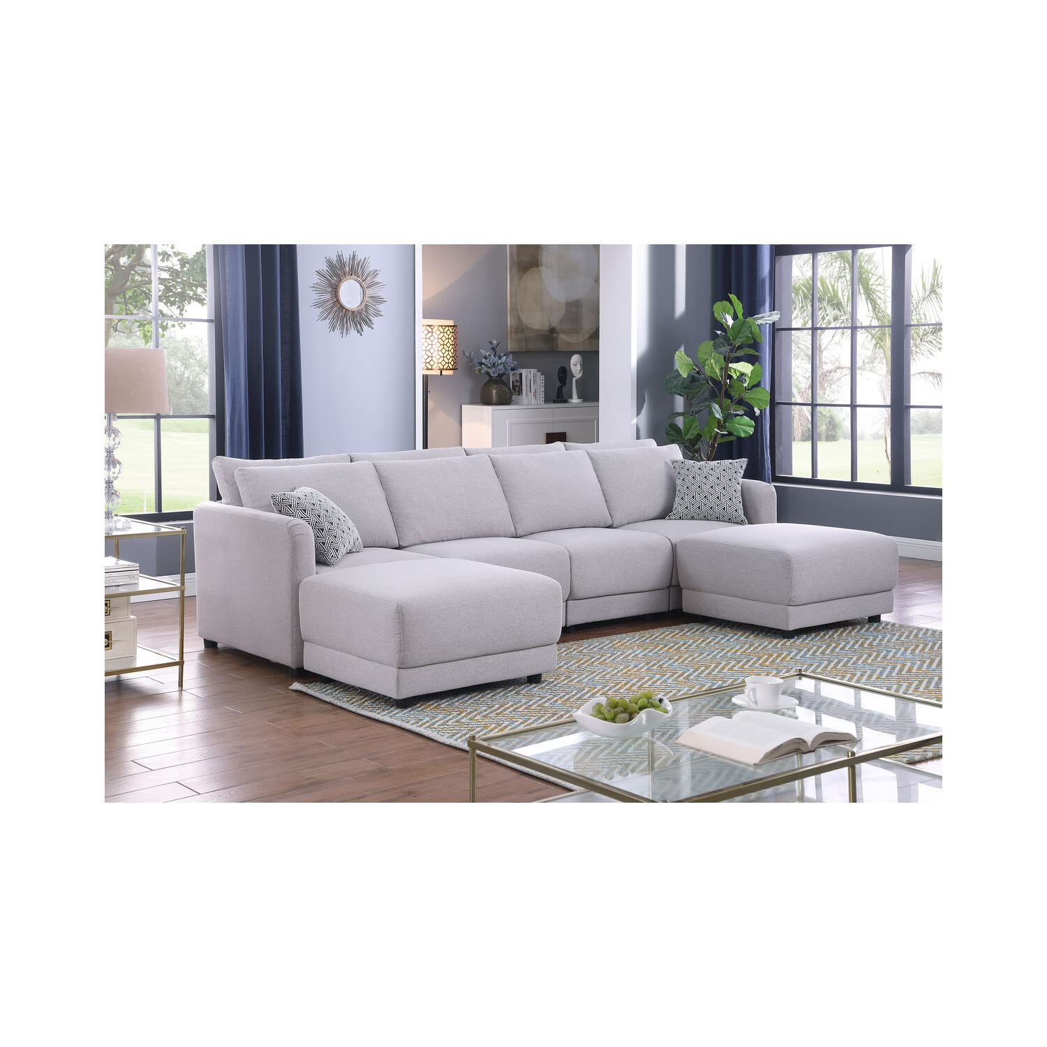 Lilola Home Penelope Light Gray Linen Fabric 4-Seater Sofa with 2 Ottoman and Pillows