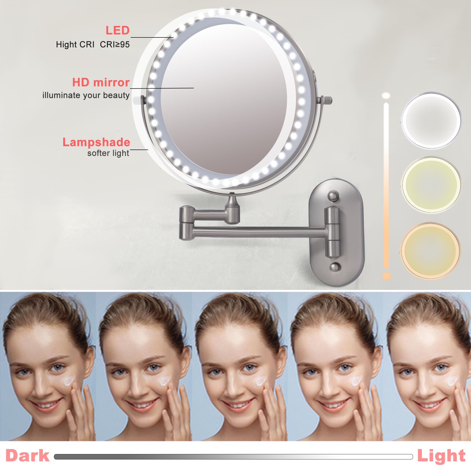 Rechargeable Wall Mounted Lighted Makeup Vanity Mirror With 10X/1X Magnification For Shaving, 8Inch Brushed Nickel Magnifying Mi