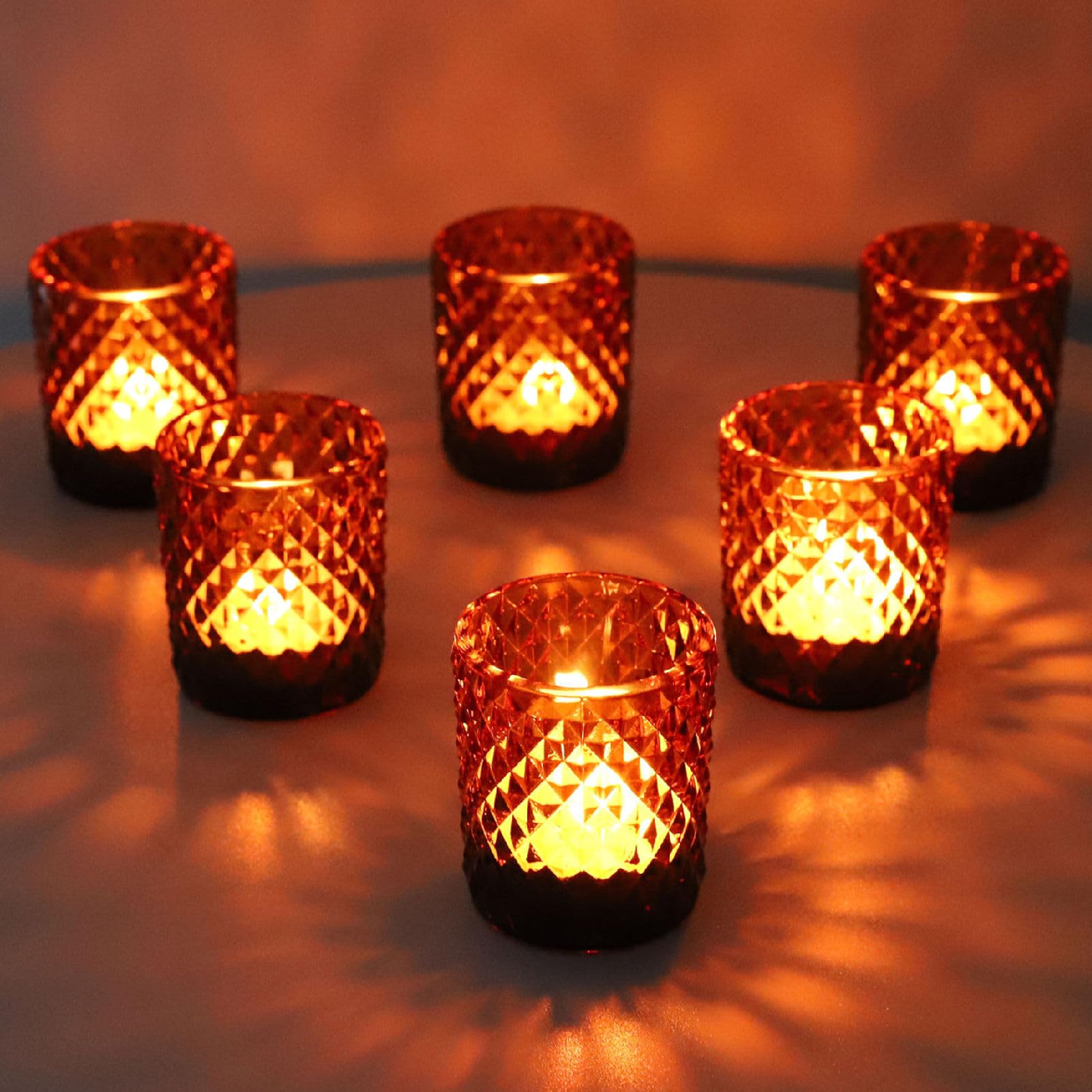Woho 12pcs Amber Votive Candle Holders Vintage, Glass Tealight Candle Holder for Boho Wedding Table Centerpiece, Brown Tea Light