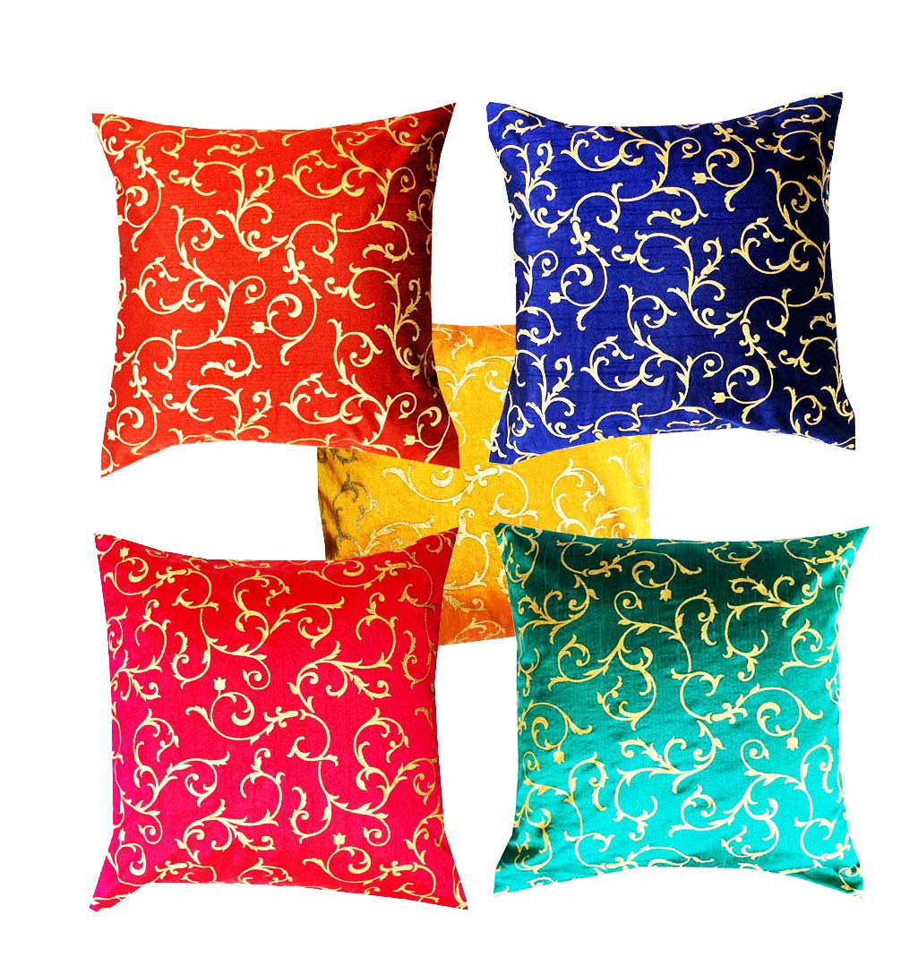 Pink Parrot Jacquard/Dopian Silk Multi Colour Cushion Cover 16X16 InchSet 5 Pcs