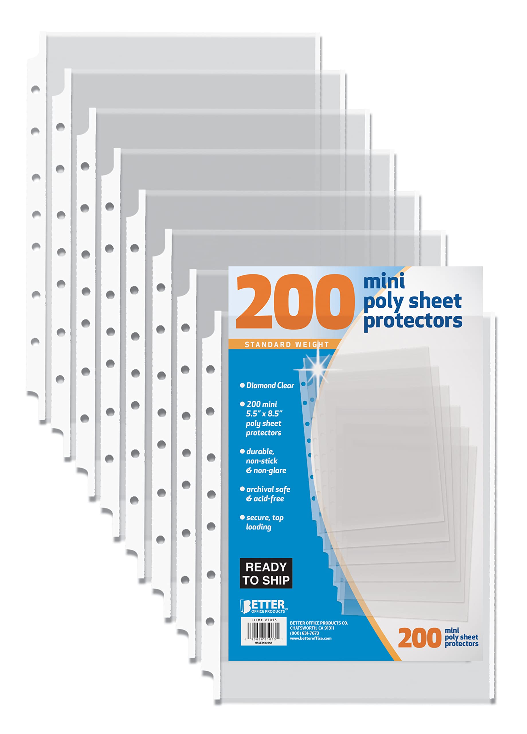 Better Office Products 200 Count Mini Poly Sheet Protectors, Standard Weight, Diamond Clear, 5.5' X 8.5', 200 Pack