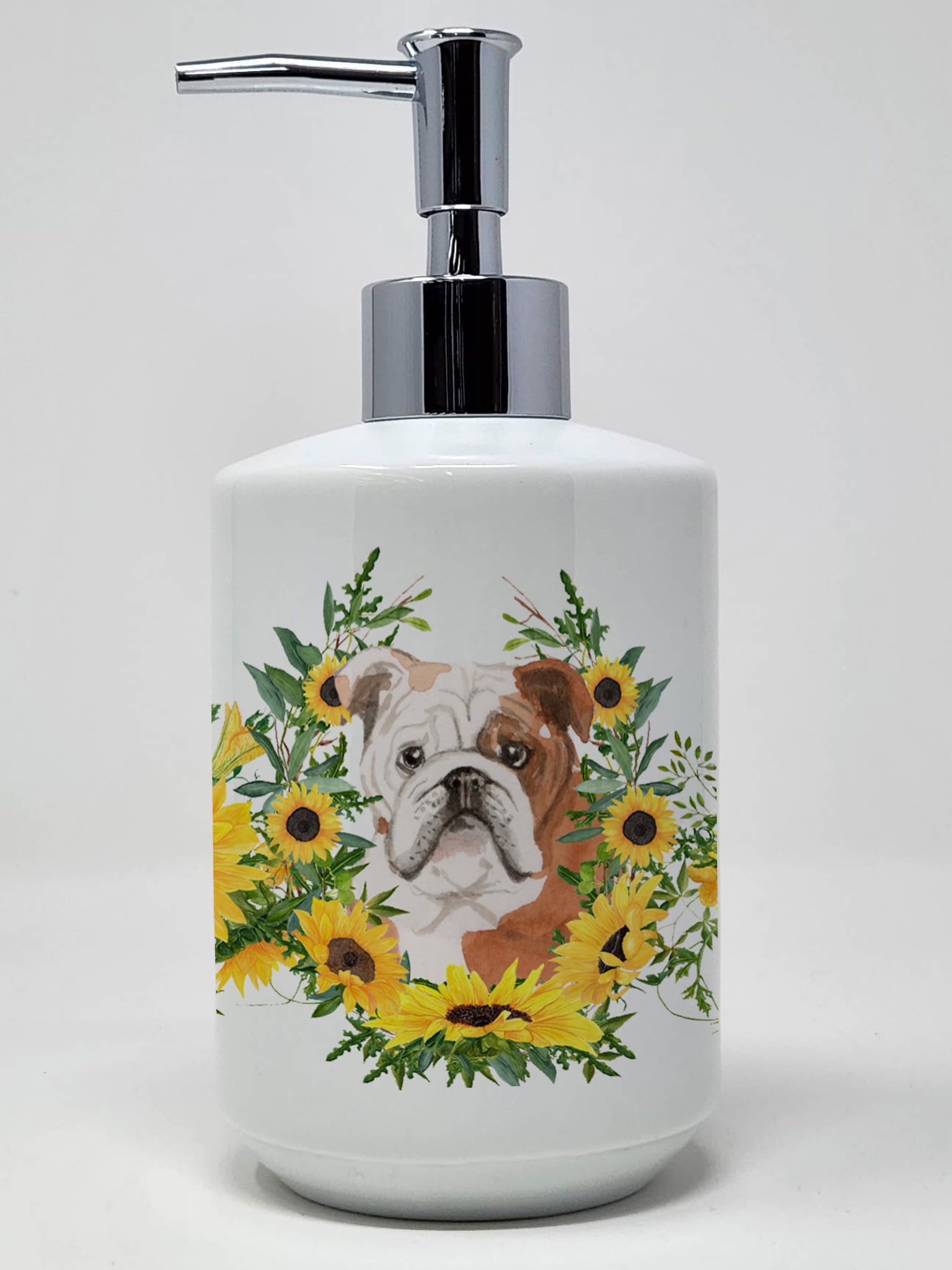 Caroline's Treasures CK2941SOAP English Bulldog in Sunflowers Ceramic Soap Dispenser Hand Soap Dispenser Pump Bottles for Bathro
