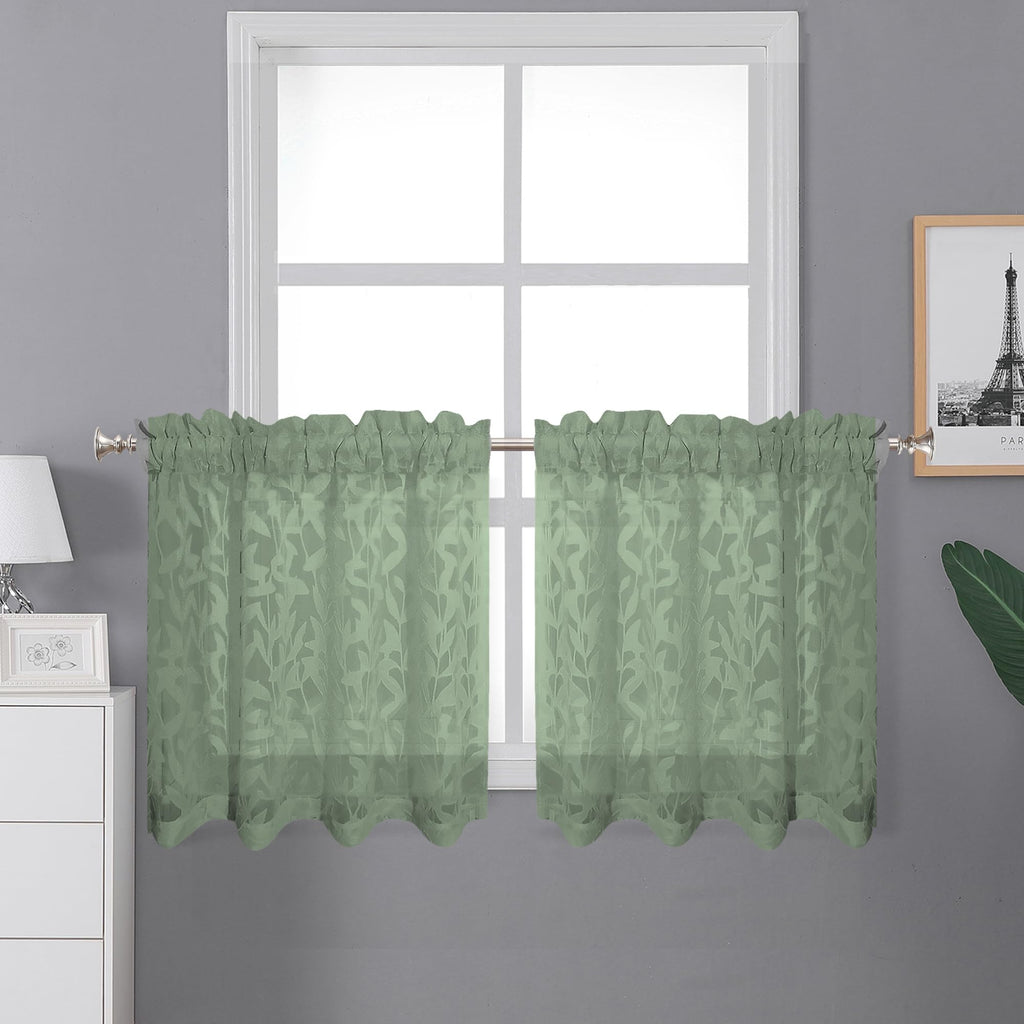 Lecloud Leia Sage Green Valance Sheer Cafe Curtains 24 Inch Length 2 Packs, Bathroom/Basement/Kitchen Curtain Tiers Small Window