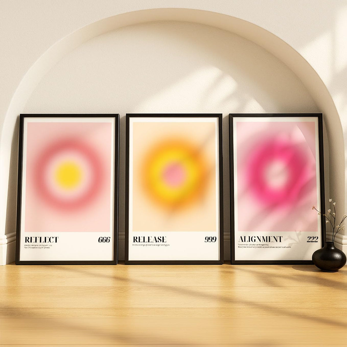 SoulAbiti Reflect 666 & Release 999 & Alignment 222 set of 3 Framed Wall Print 12x18 inch Black Frame PlexiGlass Aura Art ready