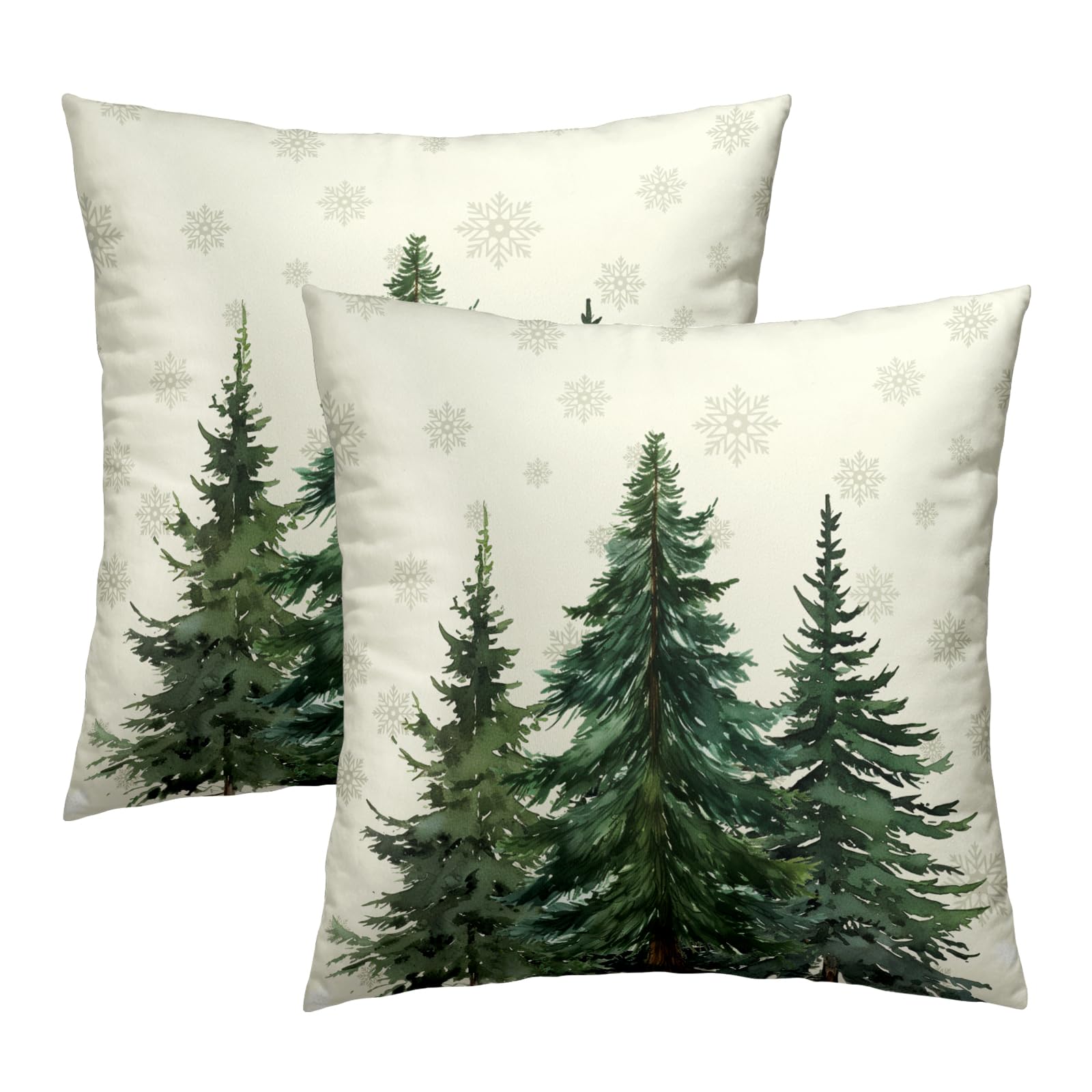 Green Christmas Tree Pillow Covers 16X16 In, Winter Nature Birch Forest Snowflake Throw Pillows Cover Farmhouse Decorative Pillo