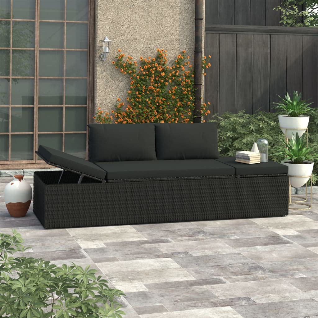 vidaXL Poly Rattan Patio Lounge Chair, Sunbed, Outdoor Sofa with Adjustable Both Ends, Included Cushions & Pillows, Washable Cushion Cover, Sturdy Steel Frame, 76.8"x23,6"x23.6" Black
