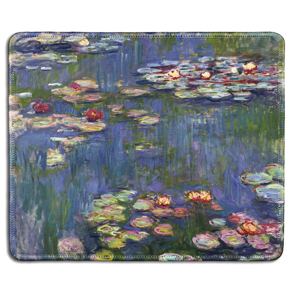 Dealzepic - Art Mousepad - Natural Rubber Mouse Pad With Famous Fine Art Painting Of Water Lilies By Claude Monet - Stitched Edg