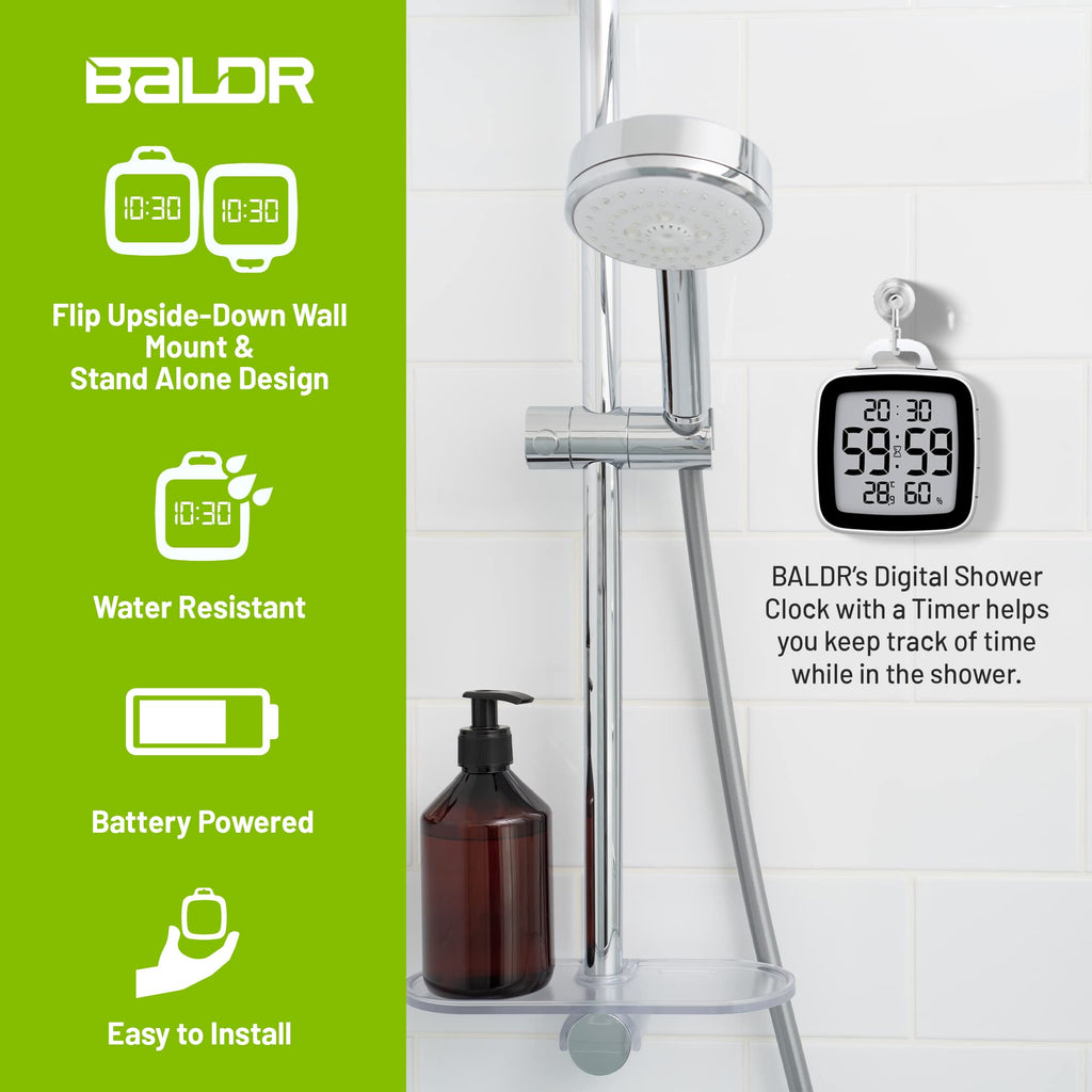 Baldr Digital Shower Clock With Timer - Waterproof Shower Timer For Kids & Adults - Perfect Bathroom Clock That Displays Time &