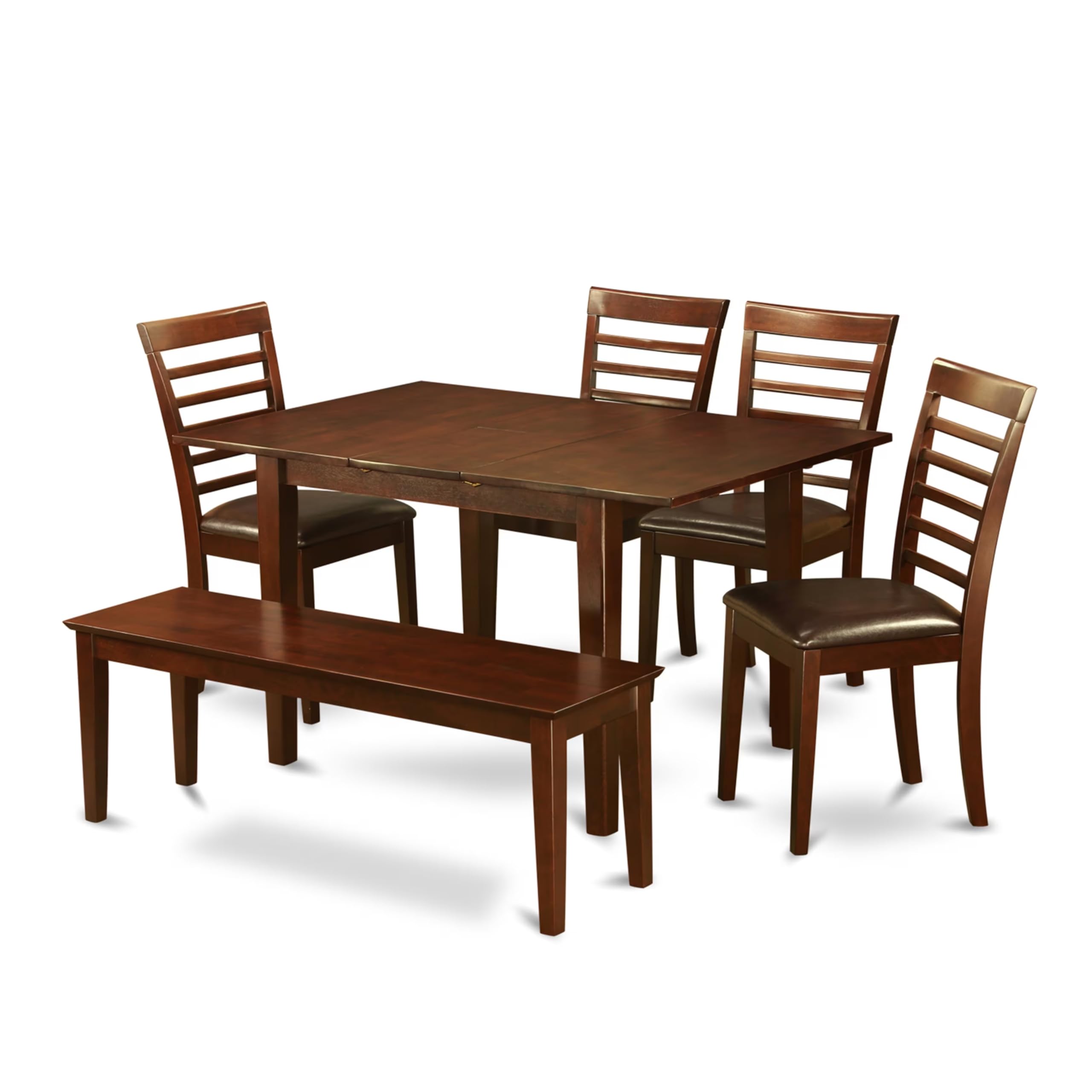 East West Furniture PSML6D-MAH-LC 6 Piece Dining Table Set Contains a Rectangle Dining Room Table with Butterfly Leaf and 4 Faux Leather Upholstered Chairs with a Bench, 32x60 Inch, Mahogany