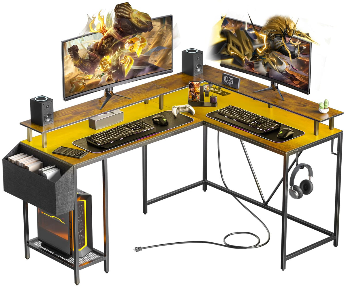 53Inch L Shaped Desk,L Shaped Gaming Desk With Power Outlets & Led Lights, Computer Desk With Monitor Stand & Storage Bag, Home
