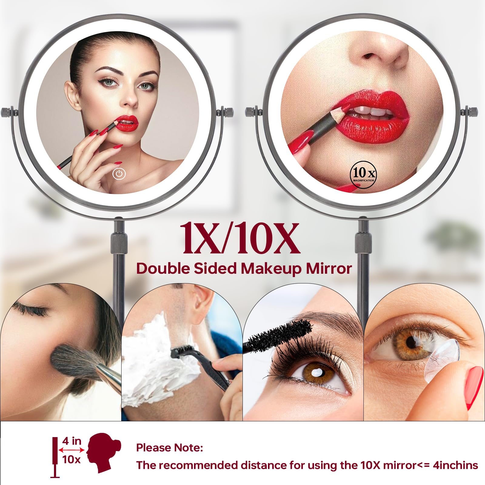 Mumianshu 9' Makeup Mirror With Lights And Magnification 10X/1X, 360 Swivel Double Sided 5000 Mah Rechargeable Vanity Desktop M