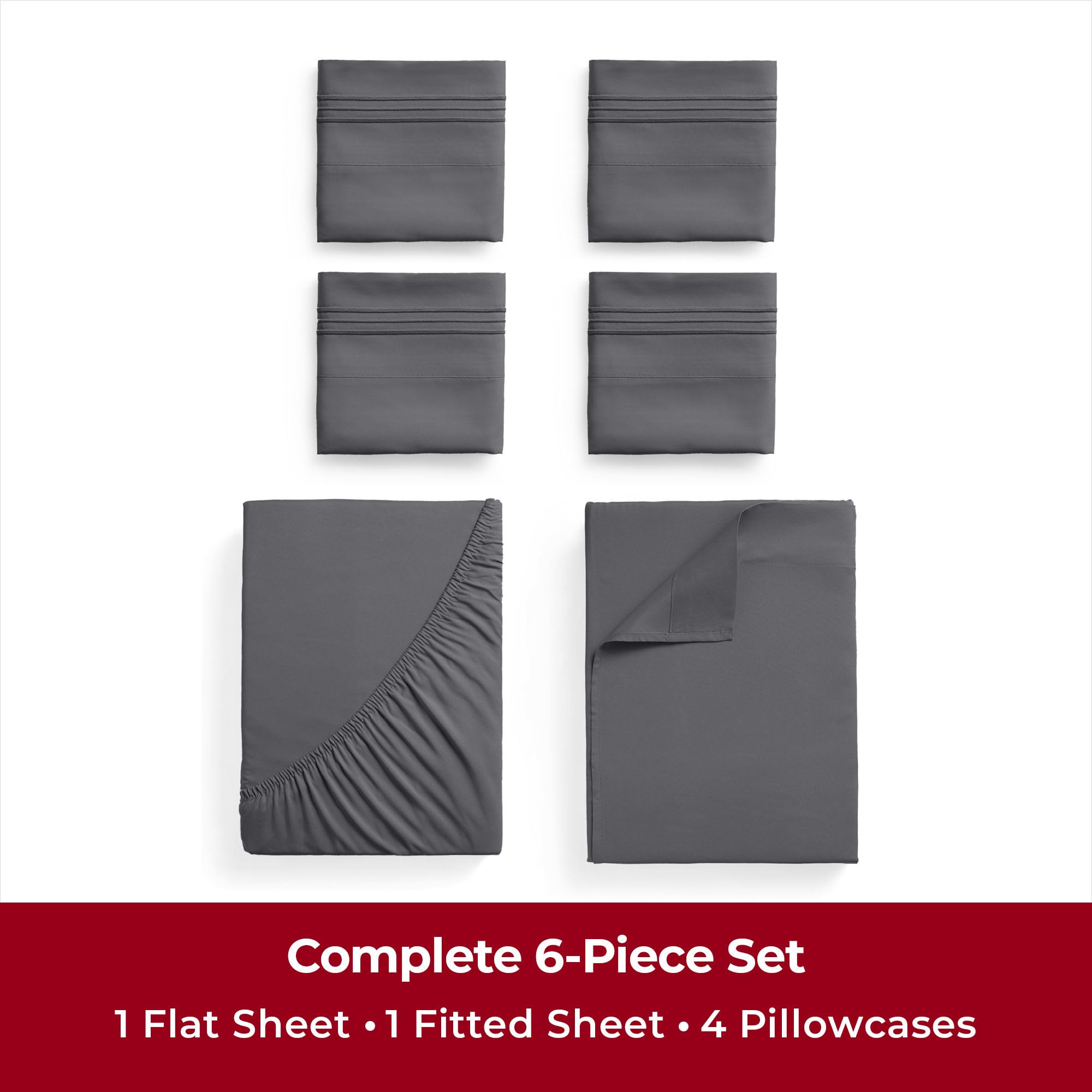 Mellanni Queen Sheet Set - 6-Piece Iconic Collection Bedding, (Including 4 Pillowcases), 16-Inch Deep Pocket, Easy Care, Extra Soft, Cooling Sheets, Brushed Microfiber - Gray