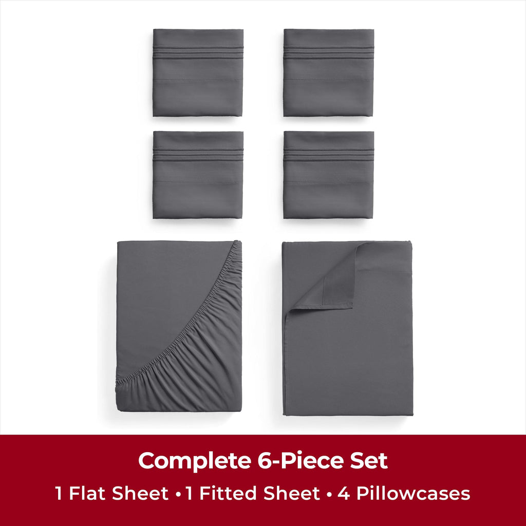 Mellanni California King Sheet Set - 6-Piece Iconic Collection Bedding, (Including 4 Pillowcases), 16-Inch Deep Pocket, Easy Care, Extra Soft, Cooling Sheets, Brushed Microfiber - Gray