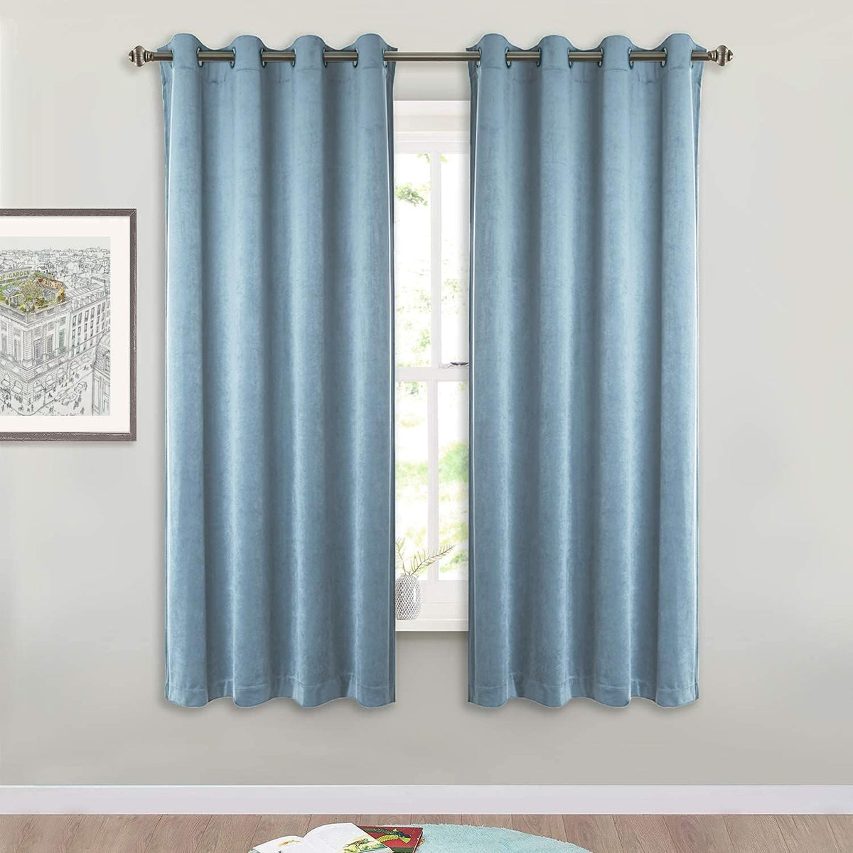SMILETIME Sky Blue 63 in Long Velvet Curtains with Grommet, Thermal Insulated Super Soft Privacy Noise Reducing Light Blocking V