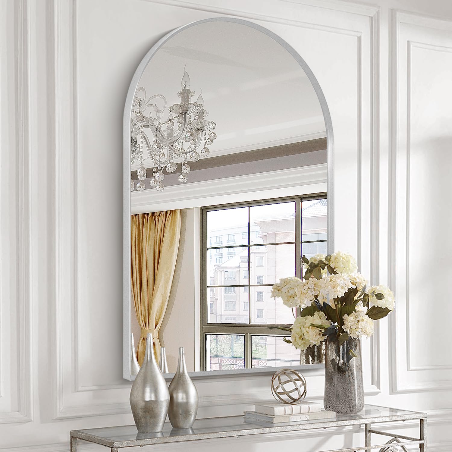 Minuover 30'' x 40'' Silver Arched Mirror, Large Arch Bathroom Vanity Mirror and Wall Decor Mirror, Metal Frame Arch Mirror for 