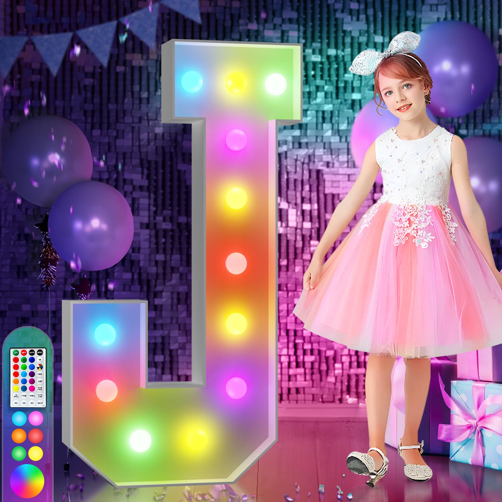 imprsv 4FT Colorful Marquee Light Up Letters J, 18 Colors Light Up Letters Alphabet Sign with Remote, One Letters First Birthday
