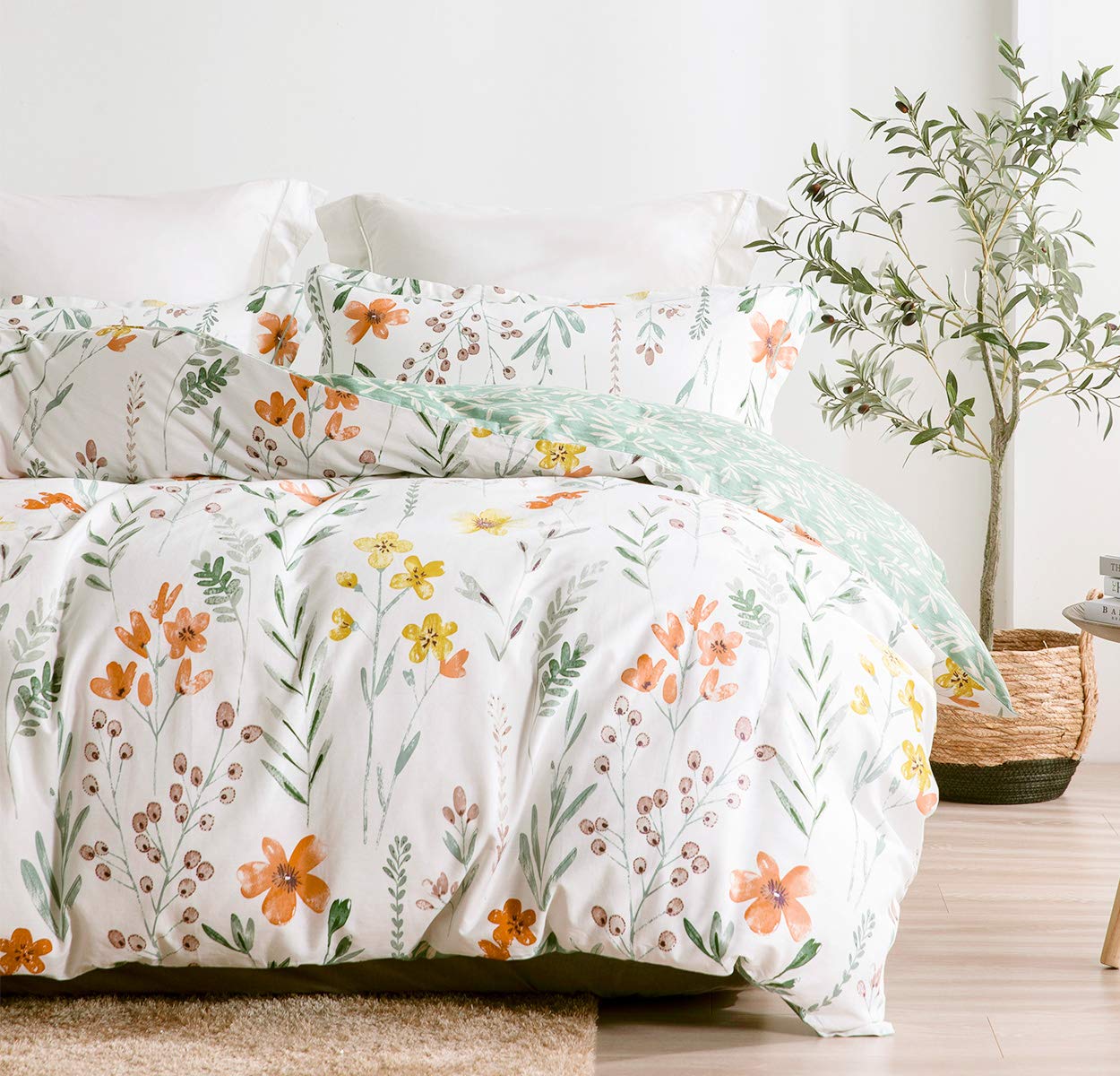 Sleepbella Twin Size Comforter Set Yellow Flowers & Green Botanical Pattern Printed On White 100% Cotton Fabric, Ultra Soft Micr