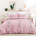 Wongs Bedding Floral Duvet Cover Set King, Pink Flower Plum Pattern Comforter Cover Set With 2 Pillowcases 3 Pieces Botanical Be