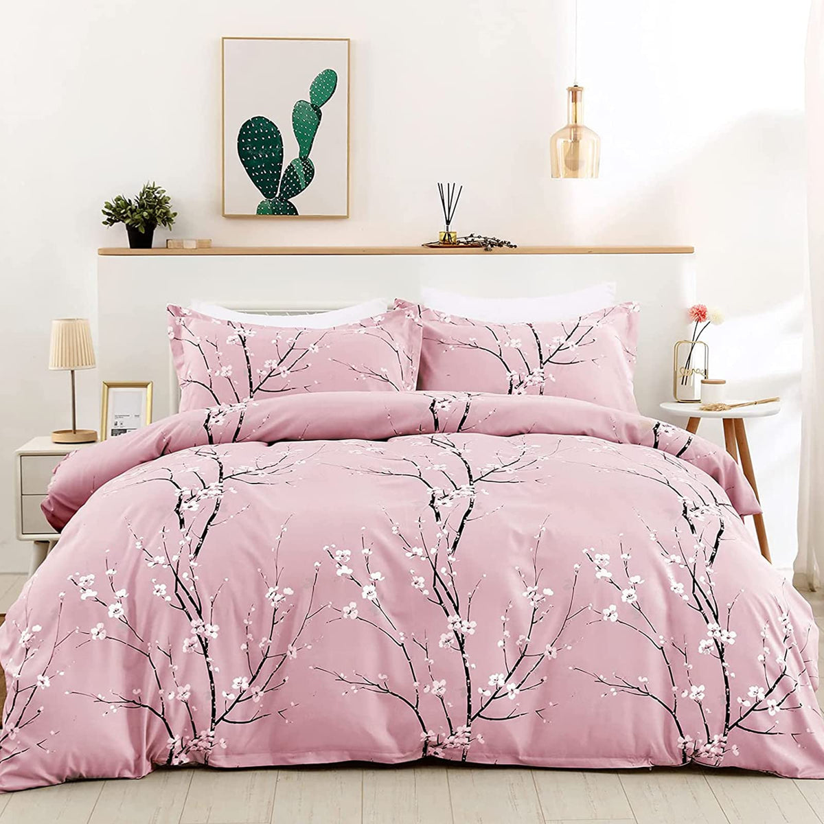 Wongs Bedding Floral Duvet Cover Set King, Pink Flower Plum Pattern Comforter Cover Set With 2 Pillowcases 3 Pieces Botanical Be