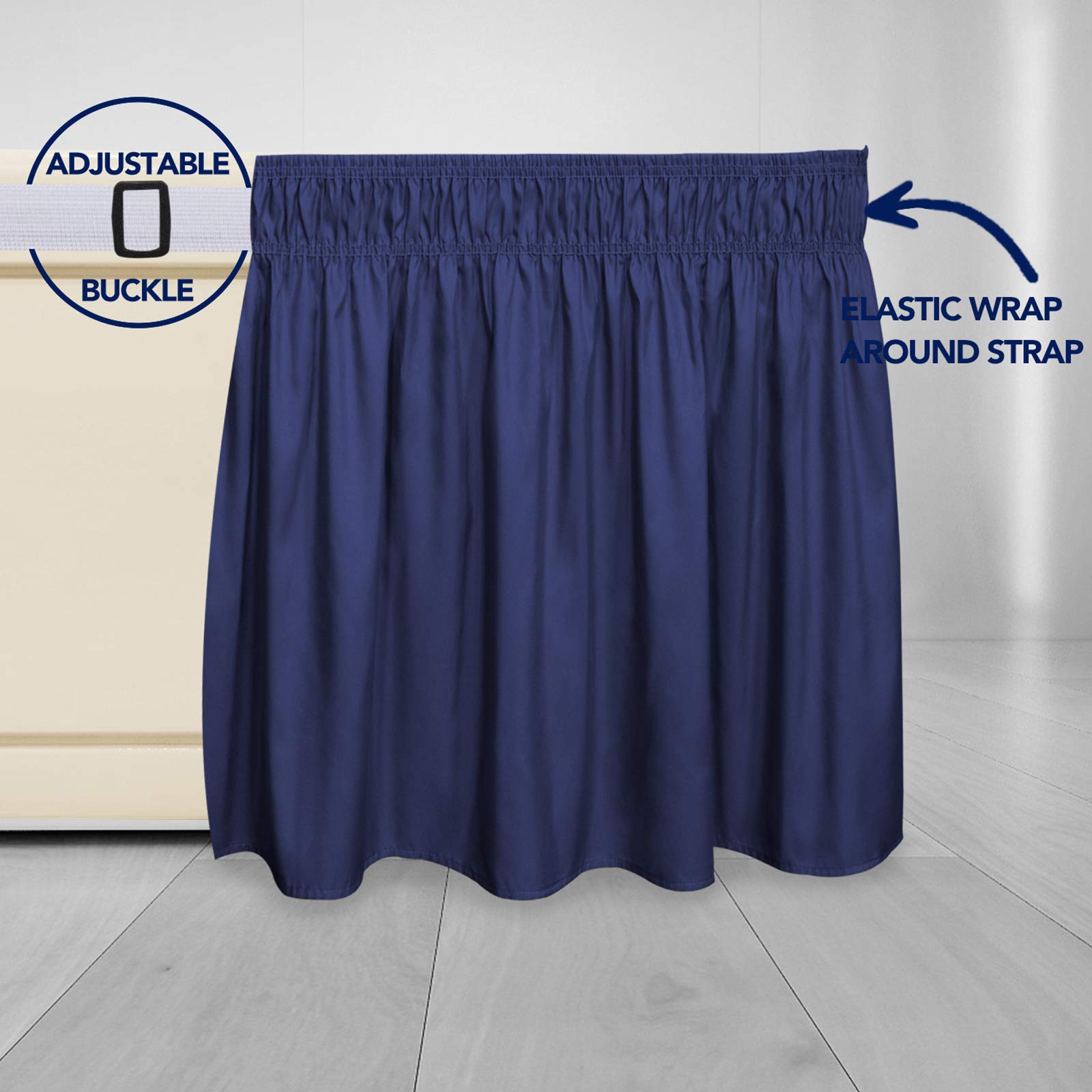 Purefit Wrap Around Ruffled Bed Skirt With Adjustable Elastic Belt - 18 Inch Drop Easy To Put On, Wrinkle Free Bedskirt Dust Ruffles, Bed Frame Cover For Queen, King And C-King Size Beds, Navy