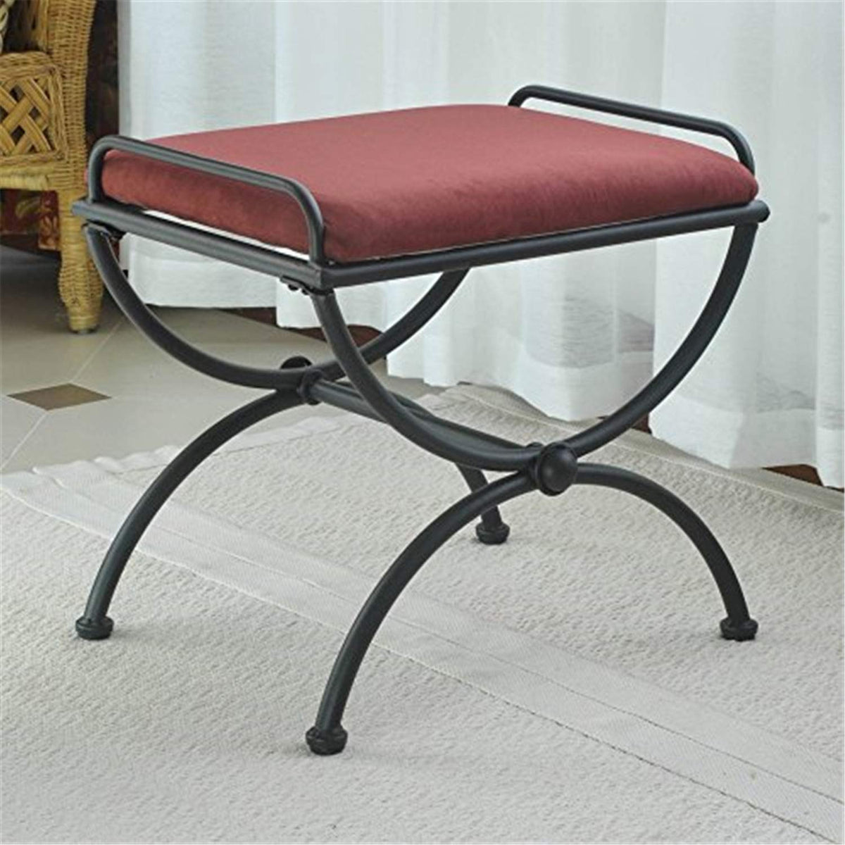 International Caravan Iron Vanity Stool With Microsuede Cushion, Red Wine