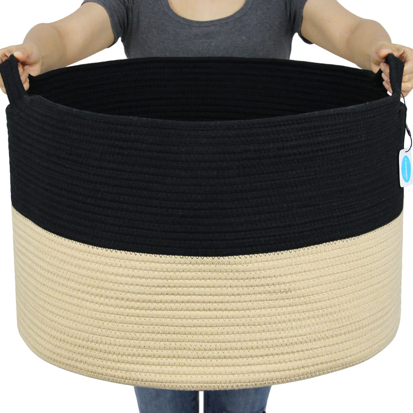 Casaphoria XXXLarge Cotton Rope Basket Woven Laundry Basket Blanket Basket Basket with Handle Comforter Cushions Storage Bin Thr
