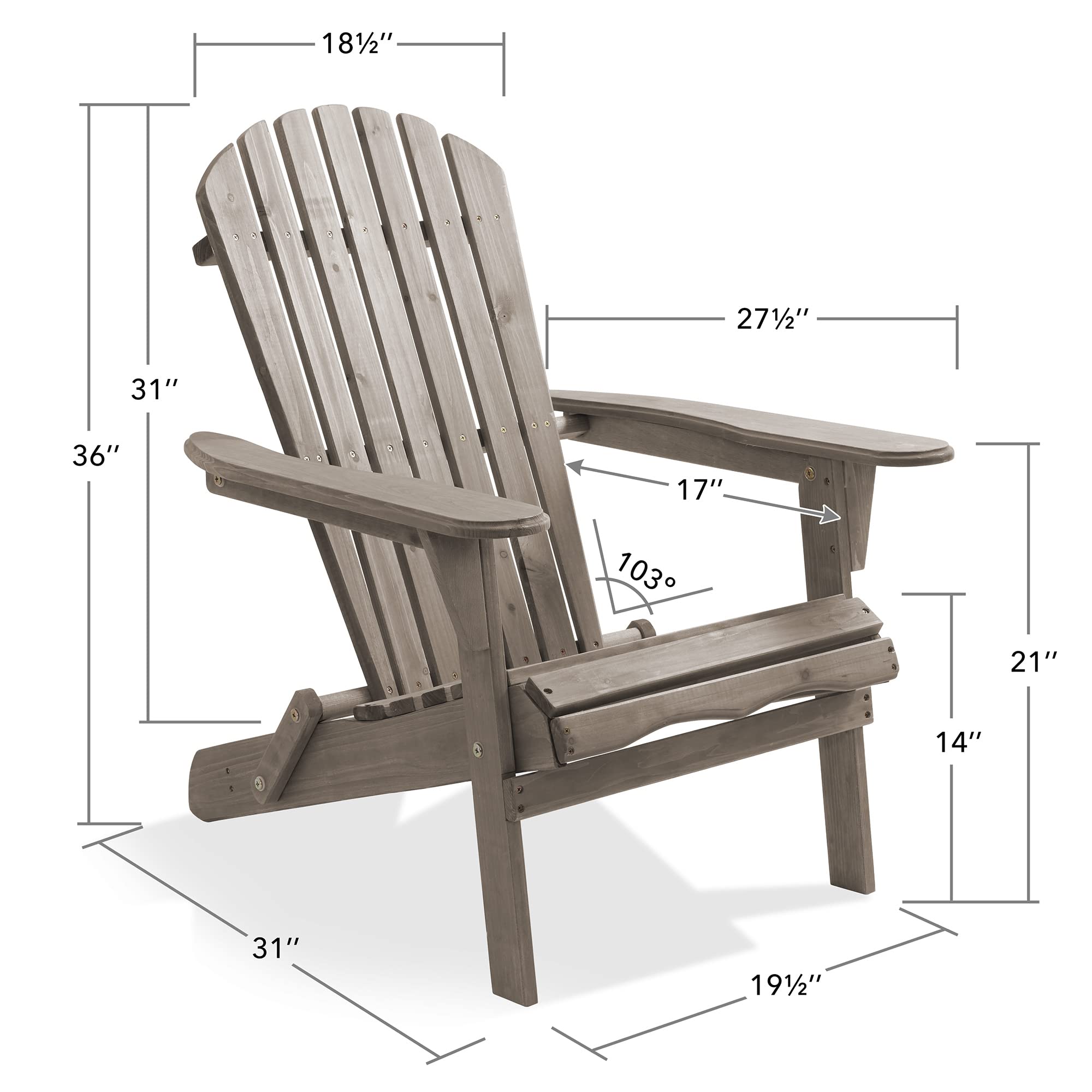 Casafield Folding Adirondack Chair, Cedar Wood Outdoor Fire Pit Lounge Chairs For Patio, Deck, Yard, Lawn And Garden Seating, Partially Pre-Assembled - Gray