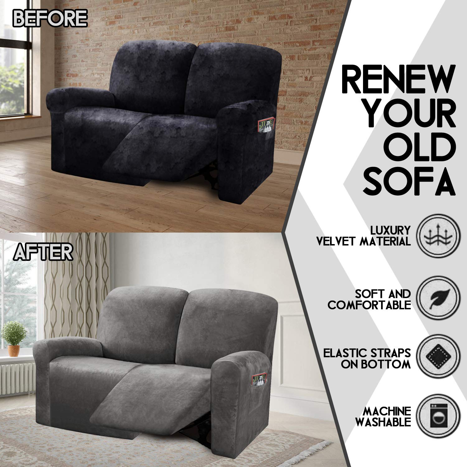 Ulticor Reclining Love Seat Slipcover, 48' - 65' L, 6-Piece Velvet Stretch Loveseat Reclining Sofa Covers, 2 Seat Love Seat Recliner Cover, Thick, Soft, Washable (Dark Grey)