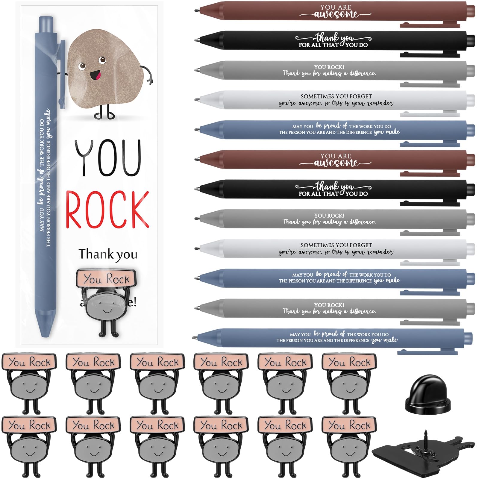 Sayglossy 40 Sets Motivational Smore Employee Appreciation Gifts Bulk Ballpoint Pens and Inspirational Cards and Brooch Pin Orga