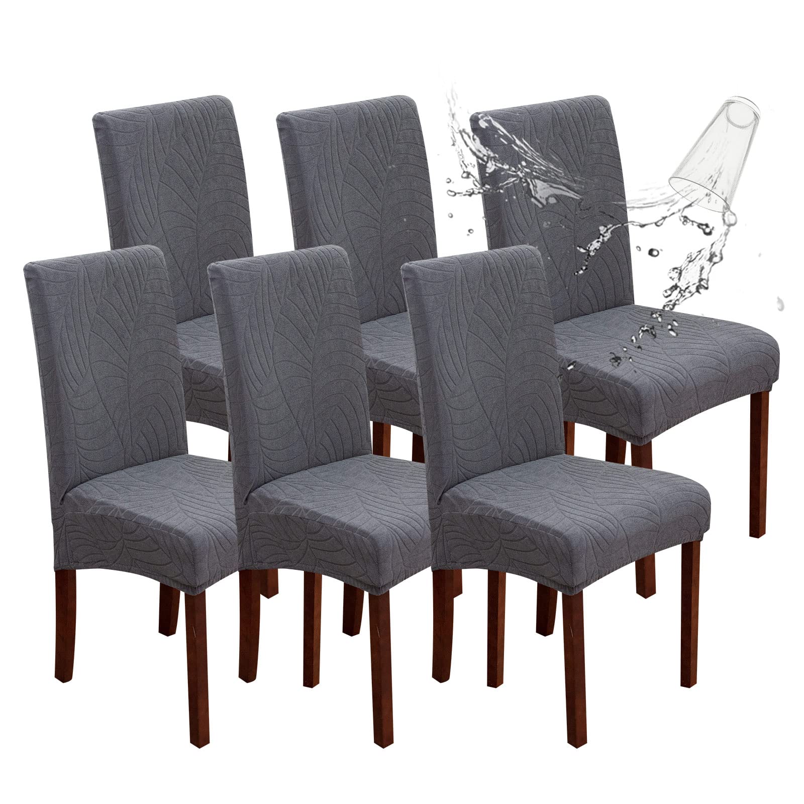 Genina Waterproof Chair Covers For Dining Room, Stretch Jacquard Dining Chair Slipcovers Removable Washable Chair Protector For Kitchen, Hotel, Restaurant (Leaves-Dark Gray, 6 Pcs)