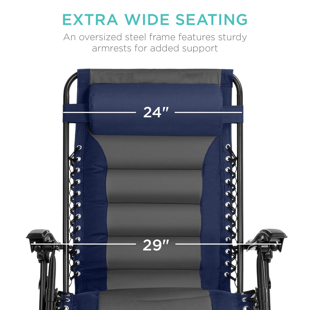 Best Choice Products Oversized Padded Zero Gravity Chair, Folding Outdoor Patio Recliner, Xl Anti Gravity Lounger For Backyard W/Headrest, Cup Holder, Side Tray, Polyester Mesh - Navy/Gray