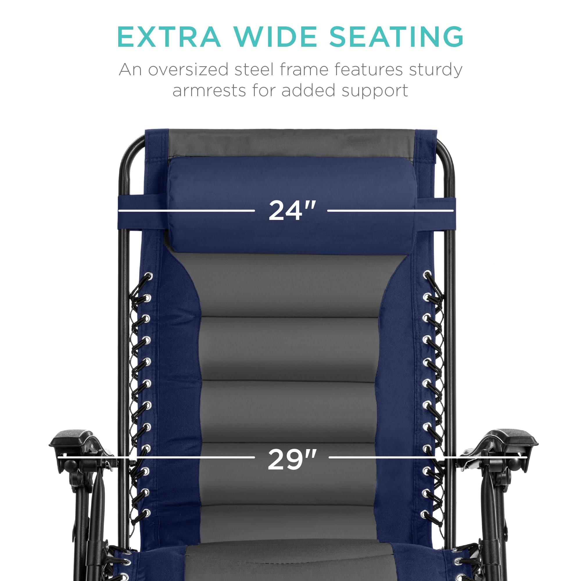 Best Choice Products Oversized Padded Zero Gravity Chair, Folding Outdoor Patio Recliner, Xl Anti Gravity Lounger For Backyard W/Headrest, Cup Holder, Side Tray, Polyester Mesh - Navy/Gray