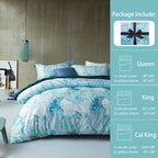 Mildly 100% Long-Staple Cotton Duvet Cover Set Aqua Watercolor Marble Pattern Printed Comforter Cover 3Pcs, Ultra Soft & Breatha