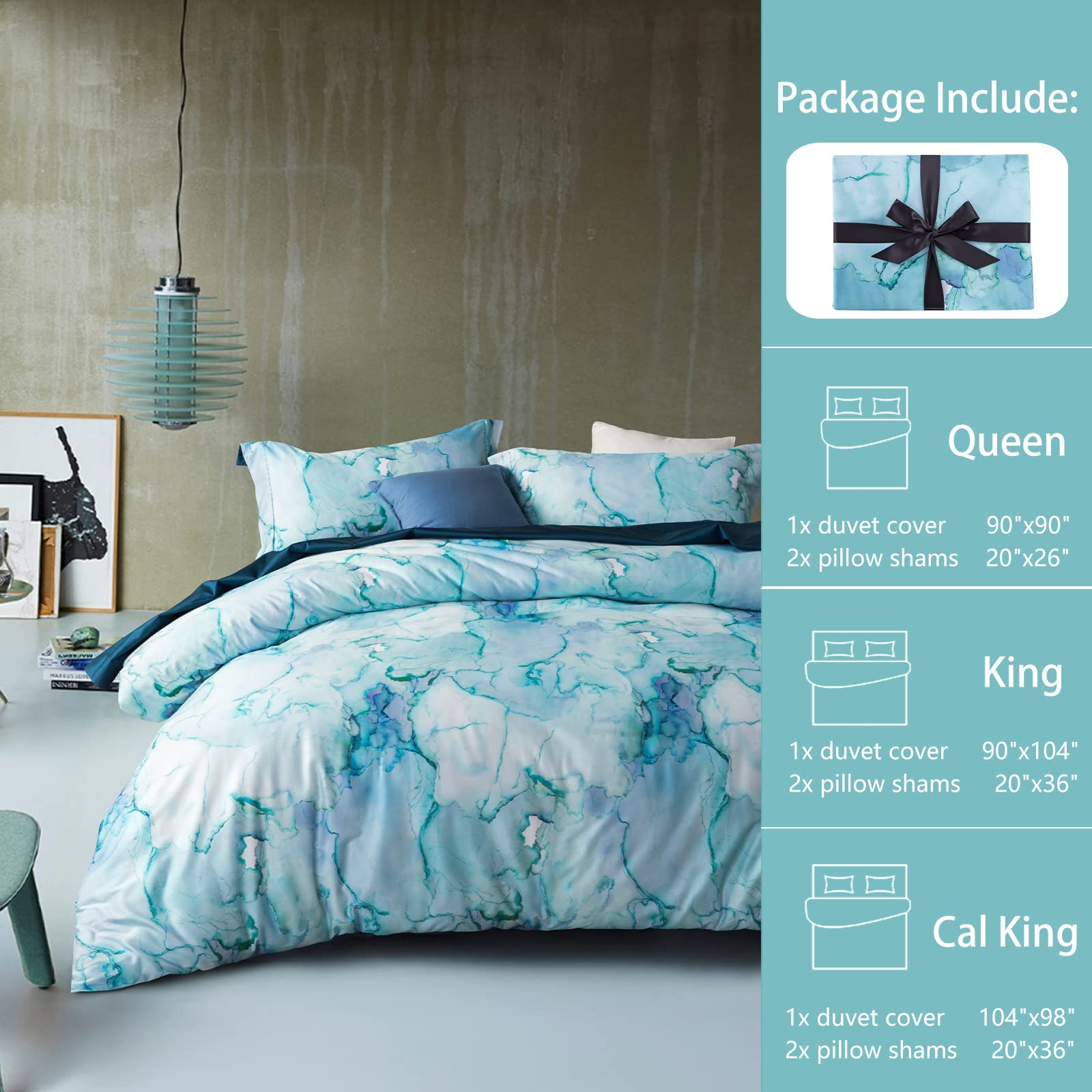 Mildly 100% Long-Staple Cotton Duvet Cover Set Aqua Watercolor Marble Pattern Printed Comforter Cover 3Pcs, Ultra Soft & Breatha