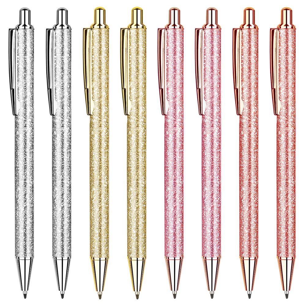 Unibene 8 Pcs Glitter Ballpoint Pens, Cute Pretty Rose Gold Metal Retractable Journaling Pens For Women Girls Gifts Office Suppl