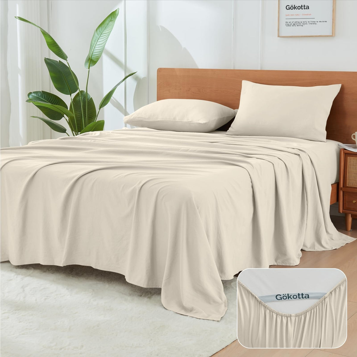 Gokotta 4-Pcs Queen Sheet Set, 16-Inch Deep Pocket Queen Sheets With Elastic Corner Straps, Hotel Luxury Ultra Soft Brushed Micr