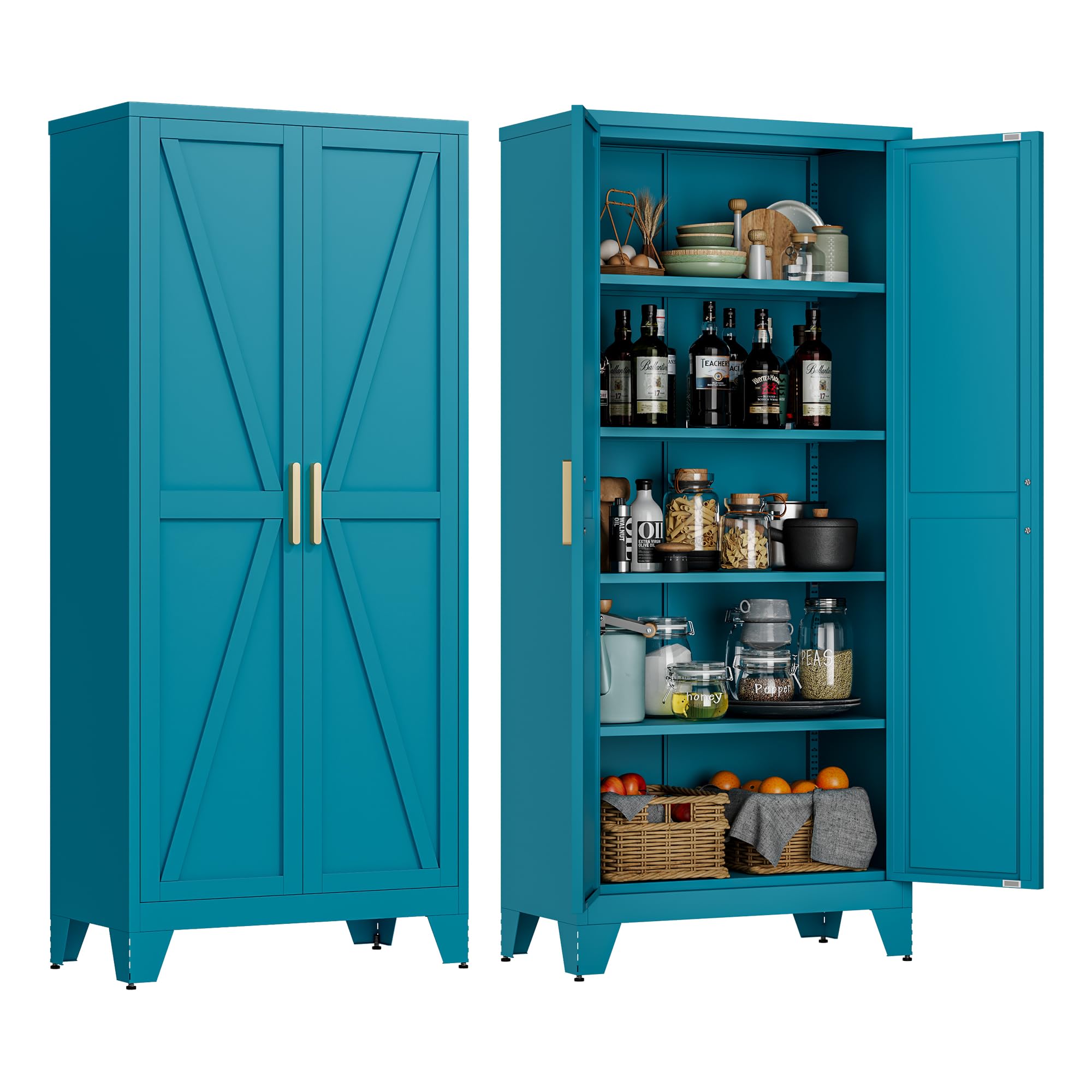 LCAOPC 71  Tall Metal Storage Cabinet with 2 Doors and 4 Adjustable Shelves, 5-Tier Kitchen Pantry Storage Cabinet for Kitchen, 