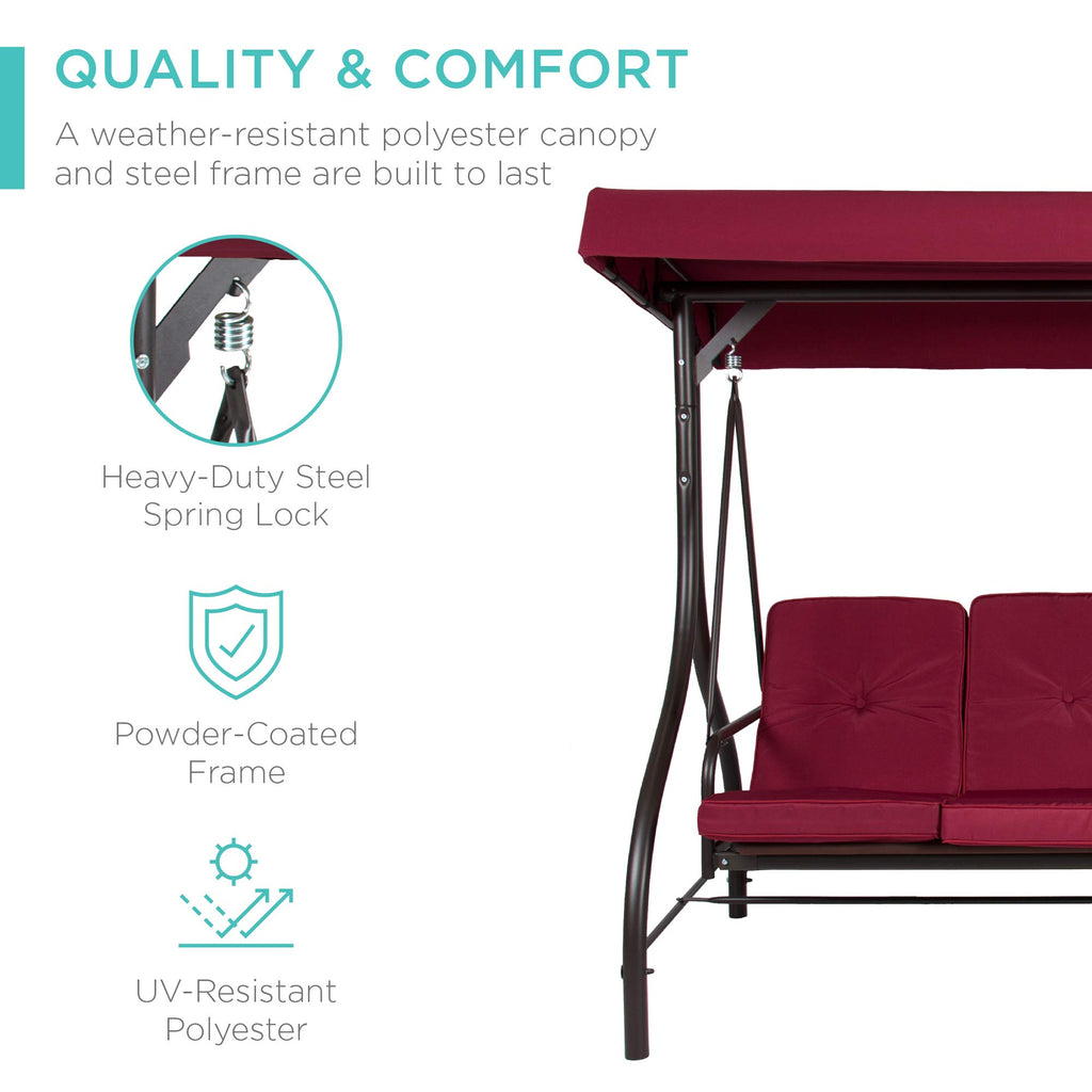 Best Choice Products 3-Seat Outdoor Large Converting Canopy Swing Glider, Patio Hammock Lounge Chair For Porch, Backyard W/Flatbed, Adjustable Shade, Removable Cushions - Burgundy