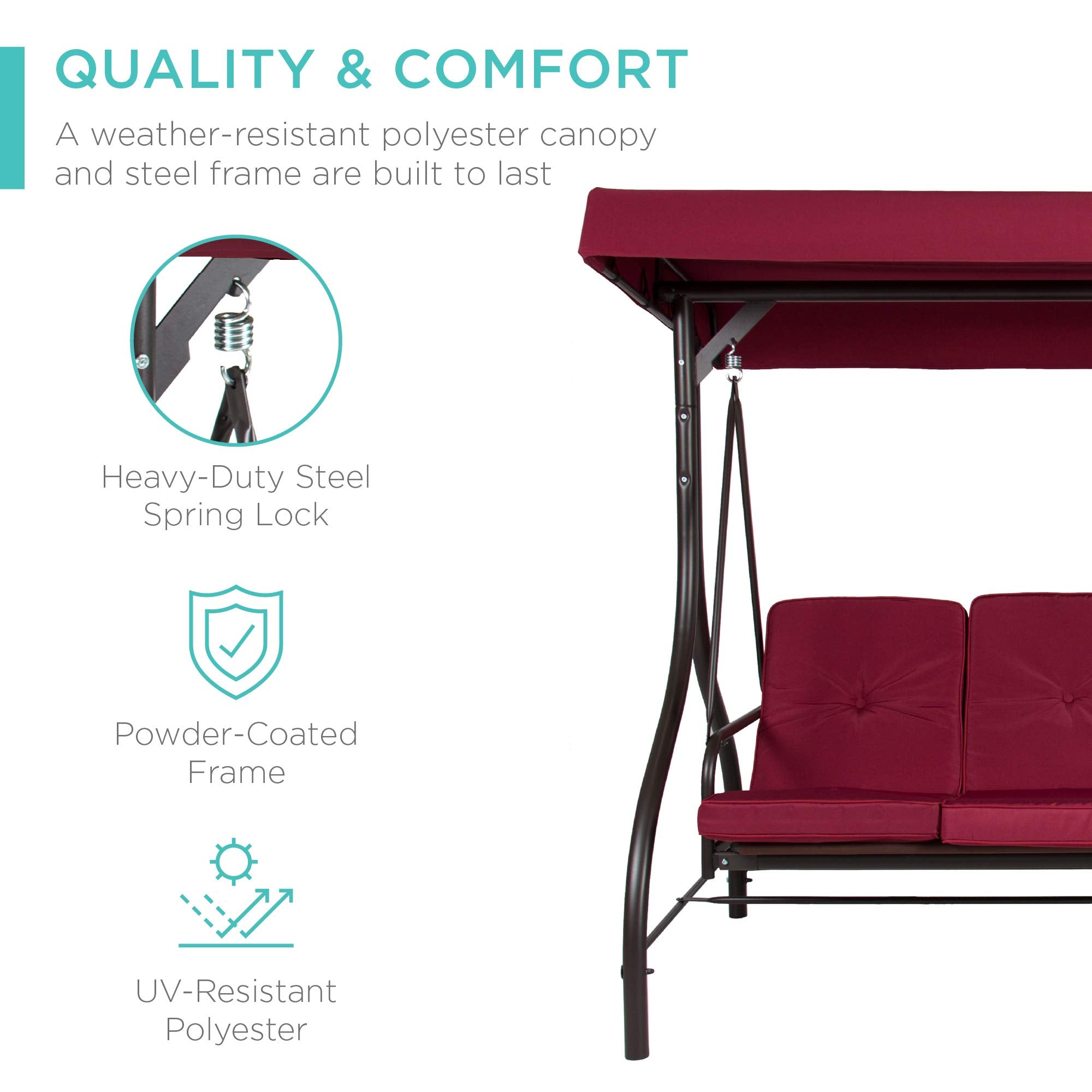 Best Choice Products 3-Seat Outdoor Large Converting Canopy Swing Glider, Patio Hammock Lounge Chair For Porch, Backyard W/Flatbed, Adjustable Shade, Removable Cushions - Burgundy