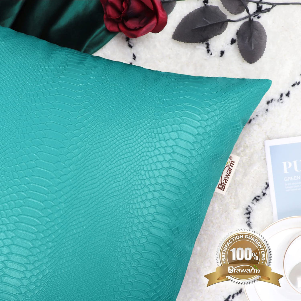 Brawarm Teal Leather Throw Pillows 20 X 20 Inches, Snake Leather Pillow Covers Pack Of 2, Faux Leather Decorative Pillow Covers