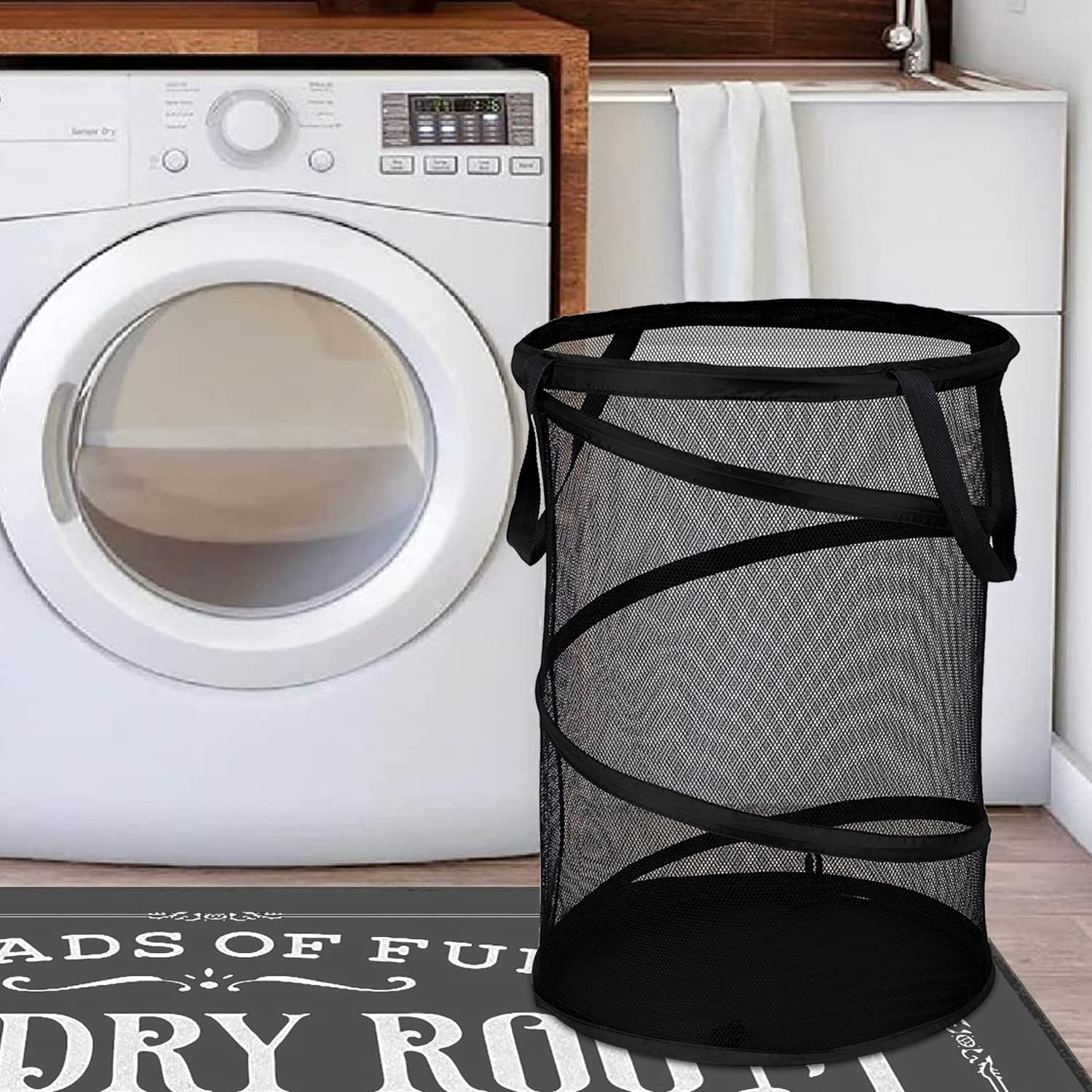 Battoo Black X-Large Collapsible Laundry Basket Foldable Mesh Pop Up Hamper With Handles For Laundry Room, Bathroom, Kids Room,