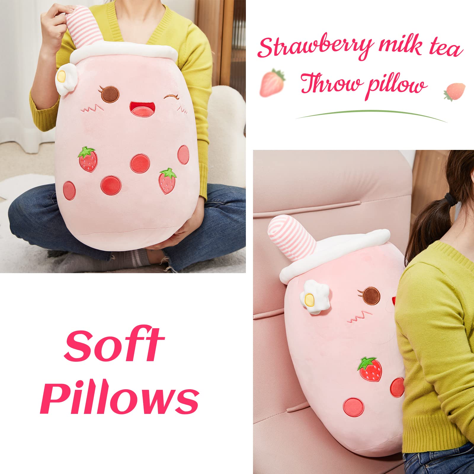 Athoinsu Pink Strawberry Tea Plush Pillow 20' Giant Kawaii Stuffed Bubble Animal Toy Birthday Christmas Holiday Valentines Gift