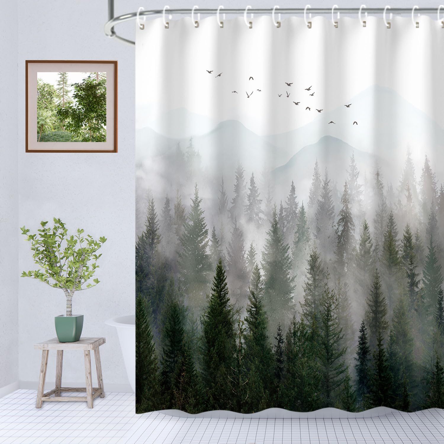 RosieLily Misty Forest Tree Foggy Shower Curtain for Bathroom with Hooks - Cool Nature Scenery Landscape Bathtub Decor - 78 inch