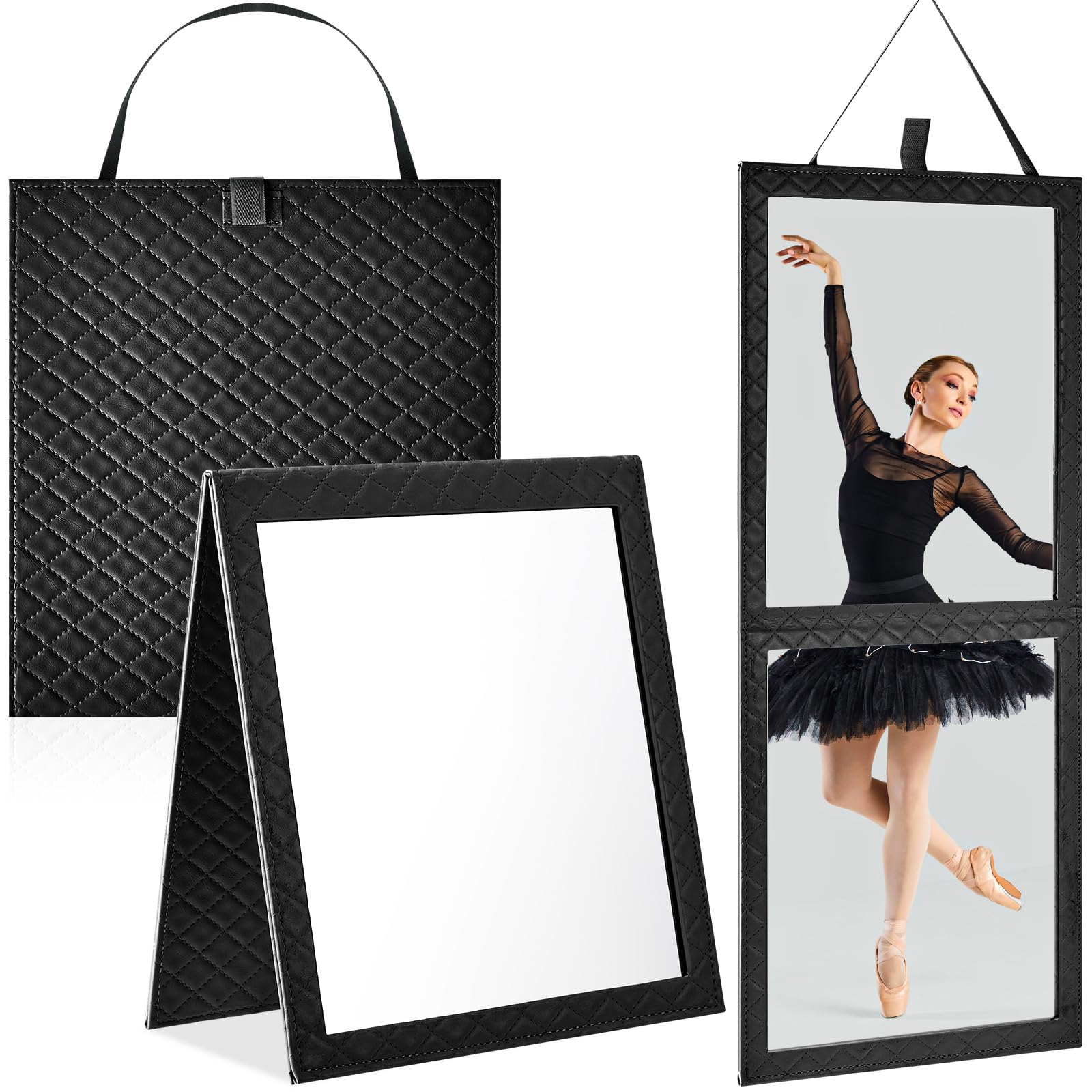 Hanging Travel Mirror with Handle 33.5X 13.4 Inch Leather Foldable Hanging Backstage Mirror for Travel Camping Dance Competition