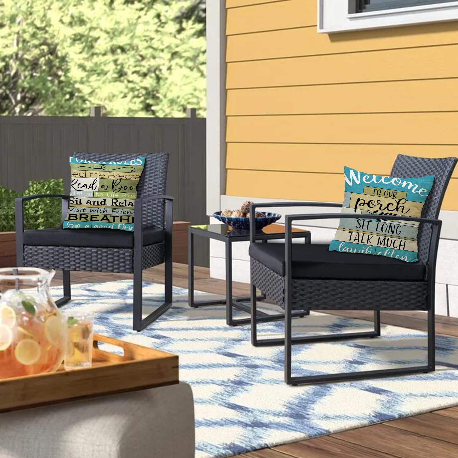 Jartinle Turquoise Striped Outdoor Pillows Covers 18X18 For Patio Furniture Waterproof, Welcome To Our Porch Throw Pillow Covers Square Linen For Couch Outside Bench Set Of 2