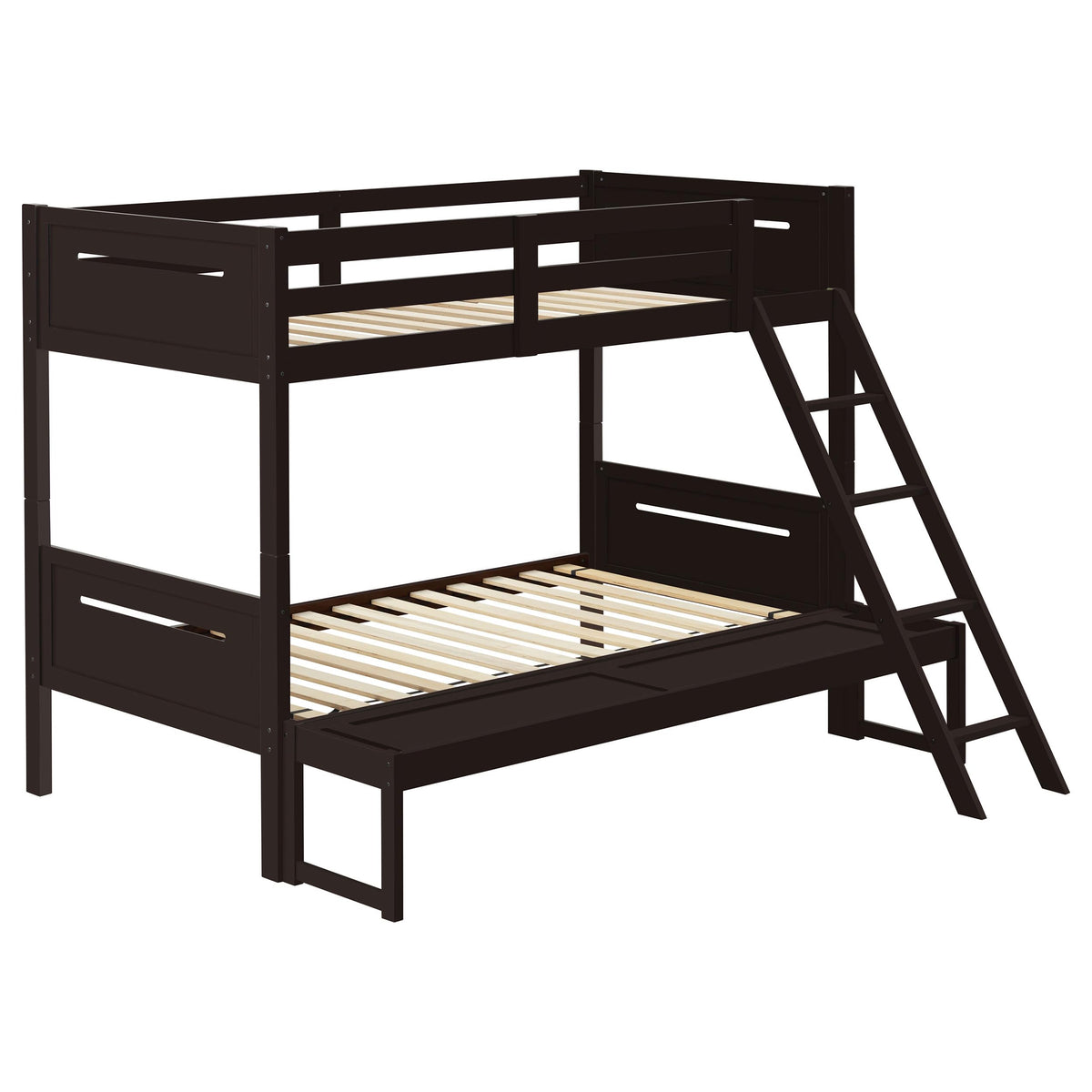 Coaster Home Furnishings Littleton Transitional Wood Twin Over Full Size Bunk Bed Frame with Ladder and Guardrails Fully Slatted Mattress Ready Foundation Espresso 405052BRN