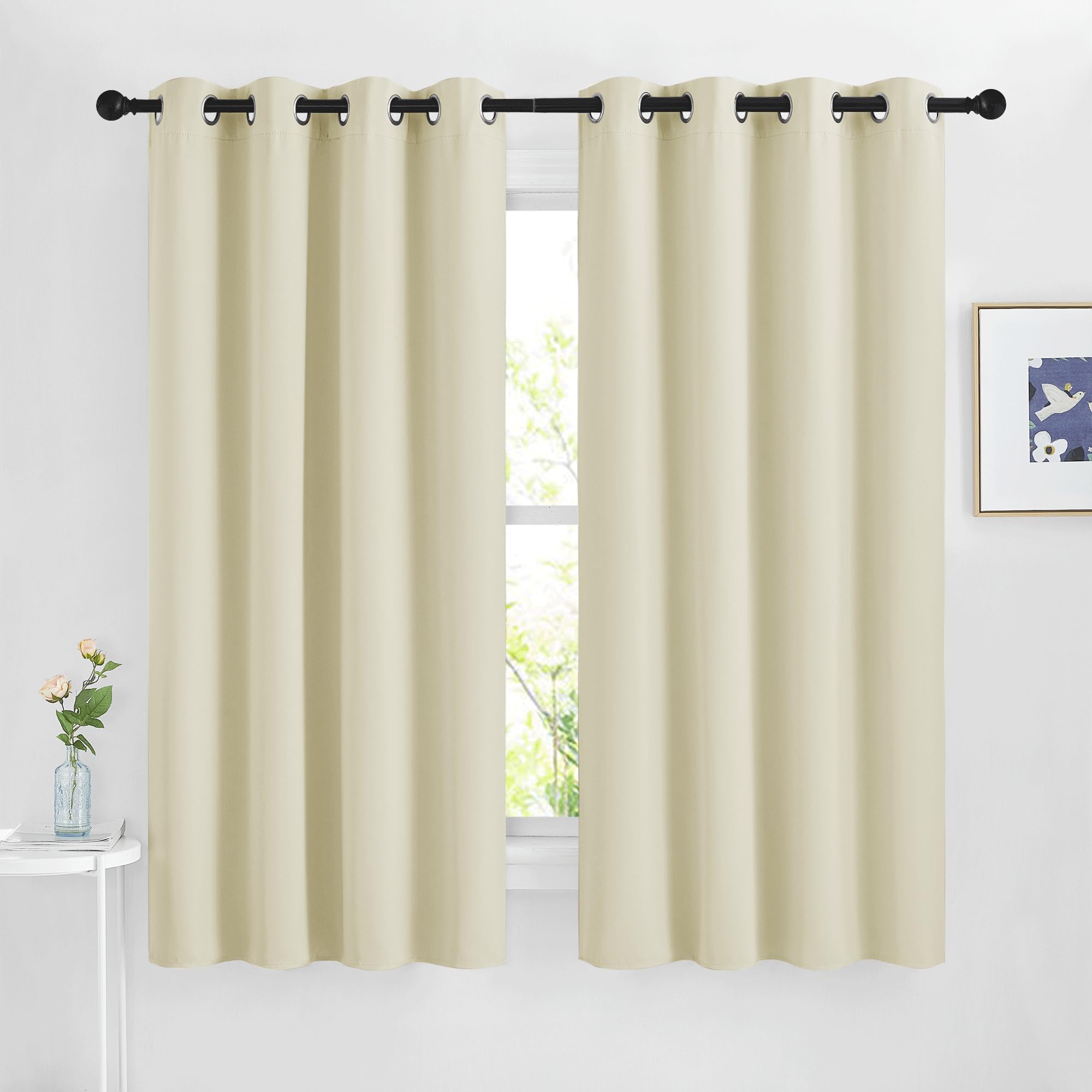 Nicetown Beige Blackout Curtains 63 Inches Long, Grommet Room Darkening Window Treatment Thermal Insulated Vertical Drapes Sound
