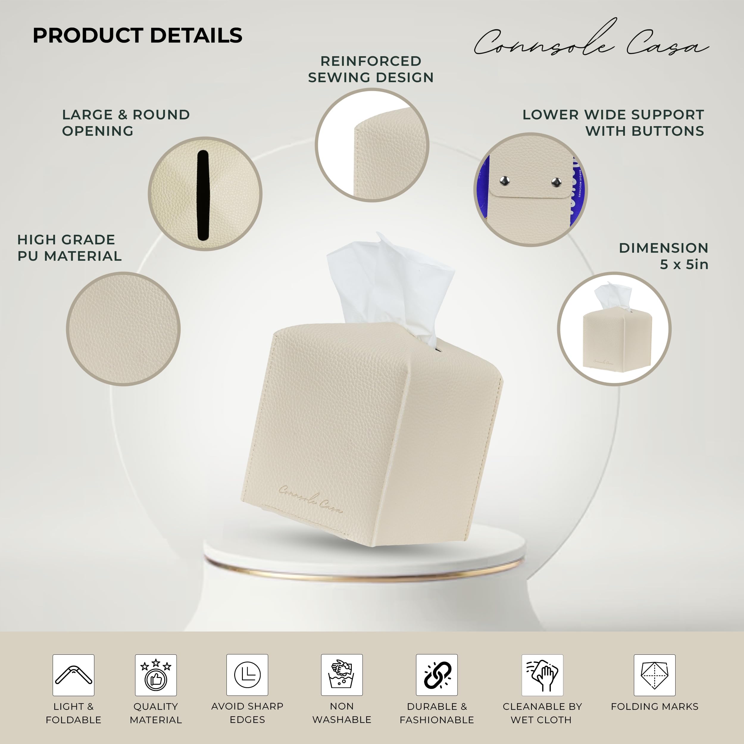 Connsole Casa Premium Pu Leather Tissue Box Holder - Elegant Hotel-Style Beige Tissue Box Cover For Enhanced D  Cor Of Home, Off