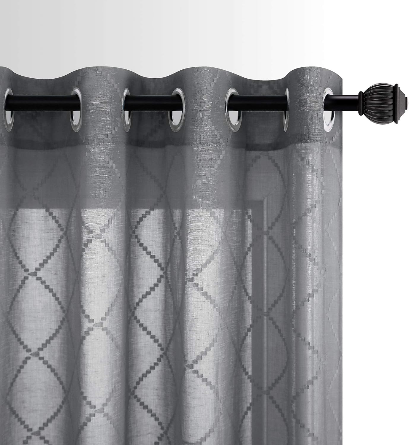 Grey 52X90 Inch Length Grommet Diamond Linen Look Sheer Curtains